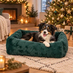 TRIXIE Xmas Bed Stars, vánoční obdélníkový pelech s okrajem, tmavá zelená 80 x 60 cm